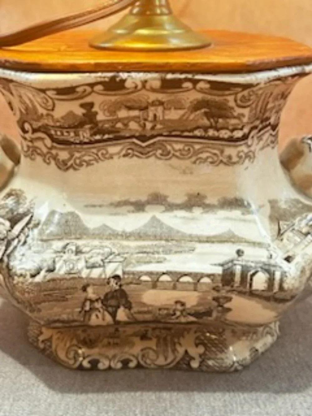 Rare Antique 19th Century English Brown Transferware Pastoral Scene Lamp Base